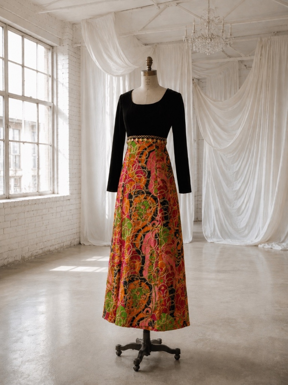 Vintage 1970s Velvet Psychedelic Maxi Metallic Floral Dress M